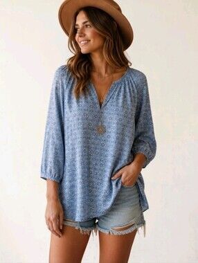Roller Rabbit Peasant Poet Top Blue Floral Wythe Popover Blouse Oversize Large